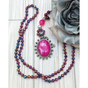 Brand New Agata Beaded Pendant Necklace Pink Purple Iridescent Oval Stone 17"